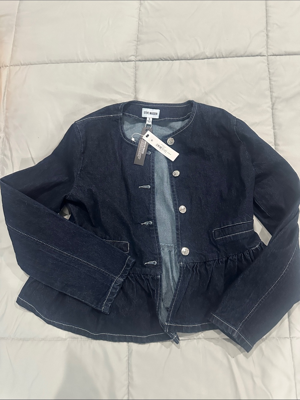 Steve Madden Navy Denim Peplum-Style Jean Jacket